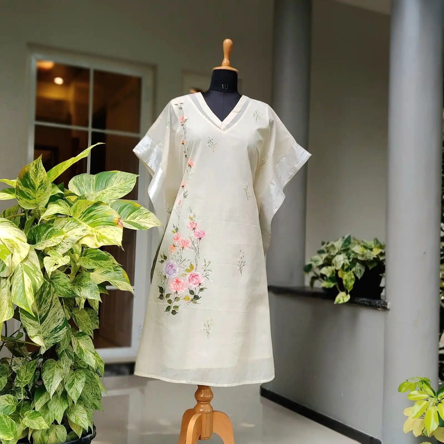 Hand-Painted Long Kaftan In Kerala Cotton Fabric