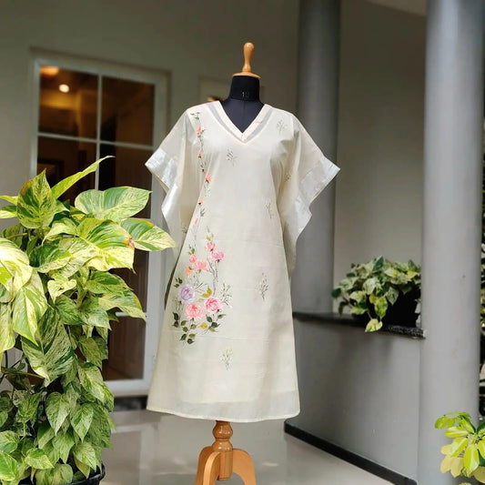 Hand-Painted Long Kaftan In Kerala Cotton Fabric