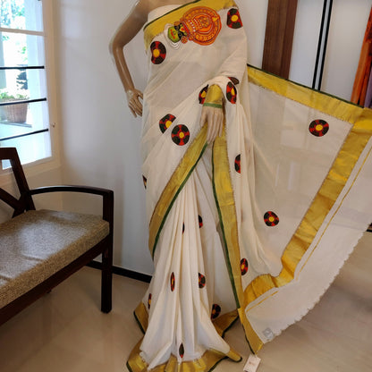 Traditional Kathakali Motif Hand-Painted on Kerala Saree