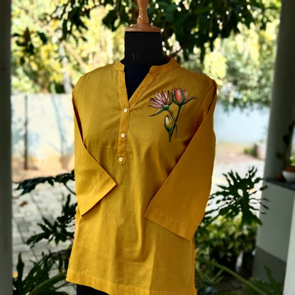 Artistic Hand-Painted Yellow Short Kurti