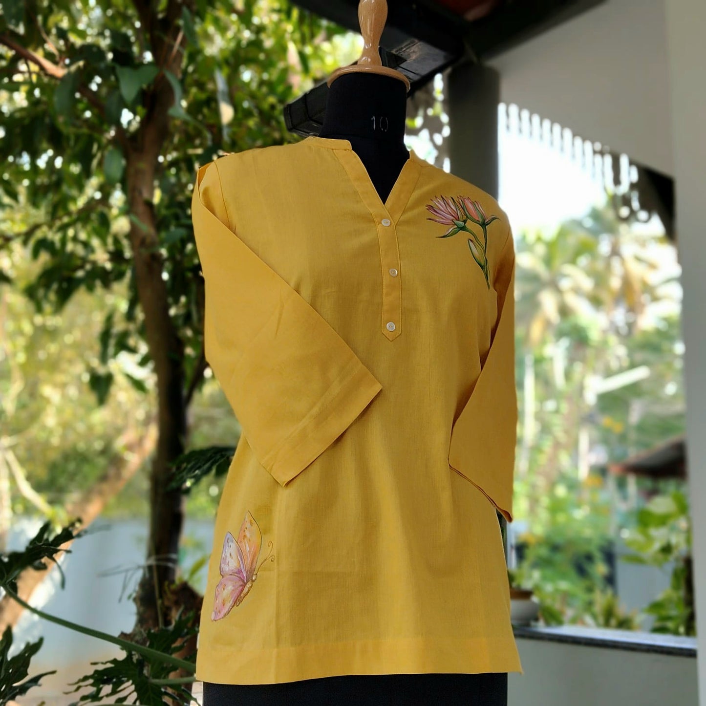 Artistic Hand-Painted Yellow Short Kurti