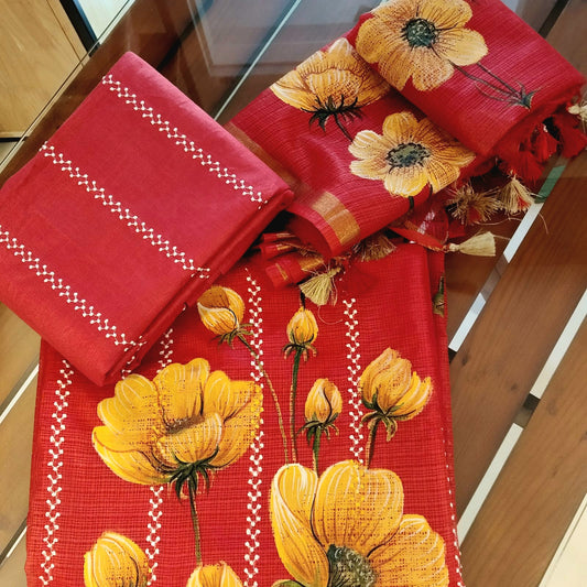 Bright Red Hand-Painted Kota Doria set.