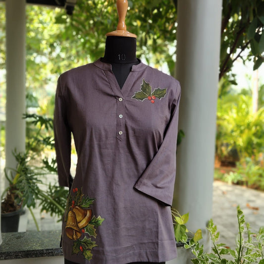 Christmas Short Kurti in Dark Grey Cotton Fabric