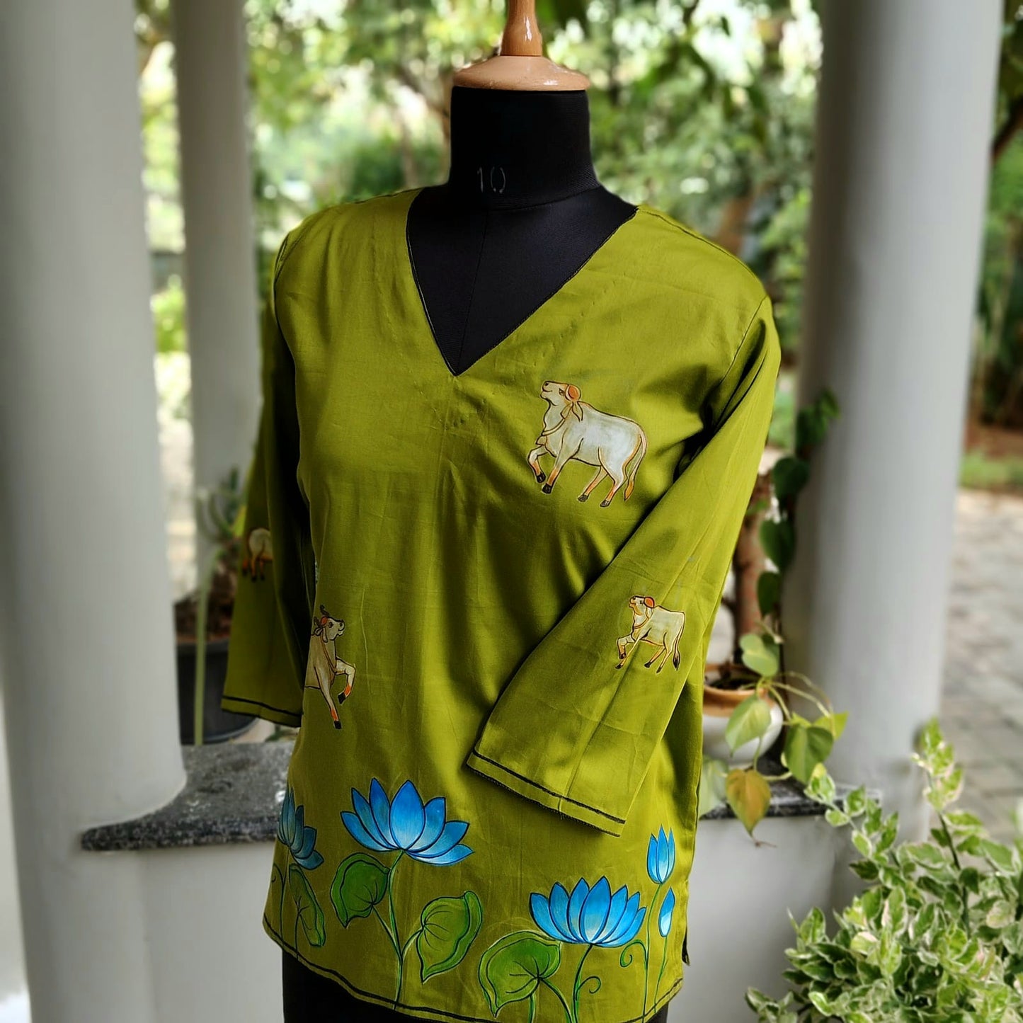 Henna Green Pichwai Style Hand-Painted Short Kurti