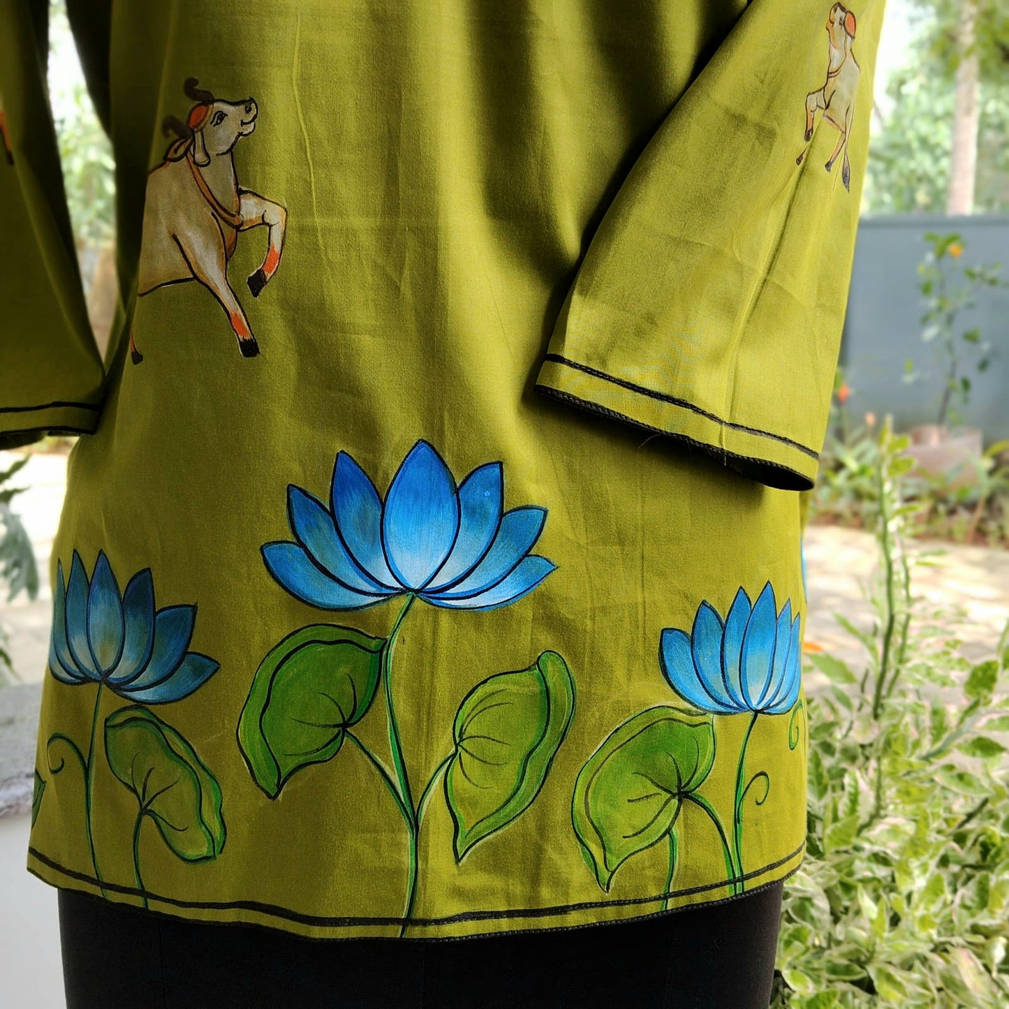 Henna Green Pichwai Style Hand-Painted Short Kurti