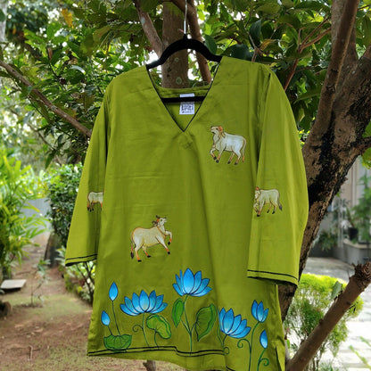 Henna Green Pichwai Style Hand-Painted Short Kurti