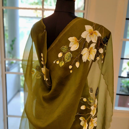 Gorgeous Dark Henna Green Silk Organza Saree with Magnolia Flowers