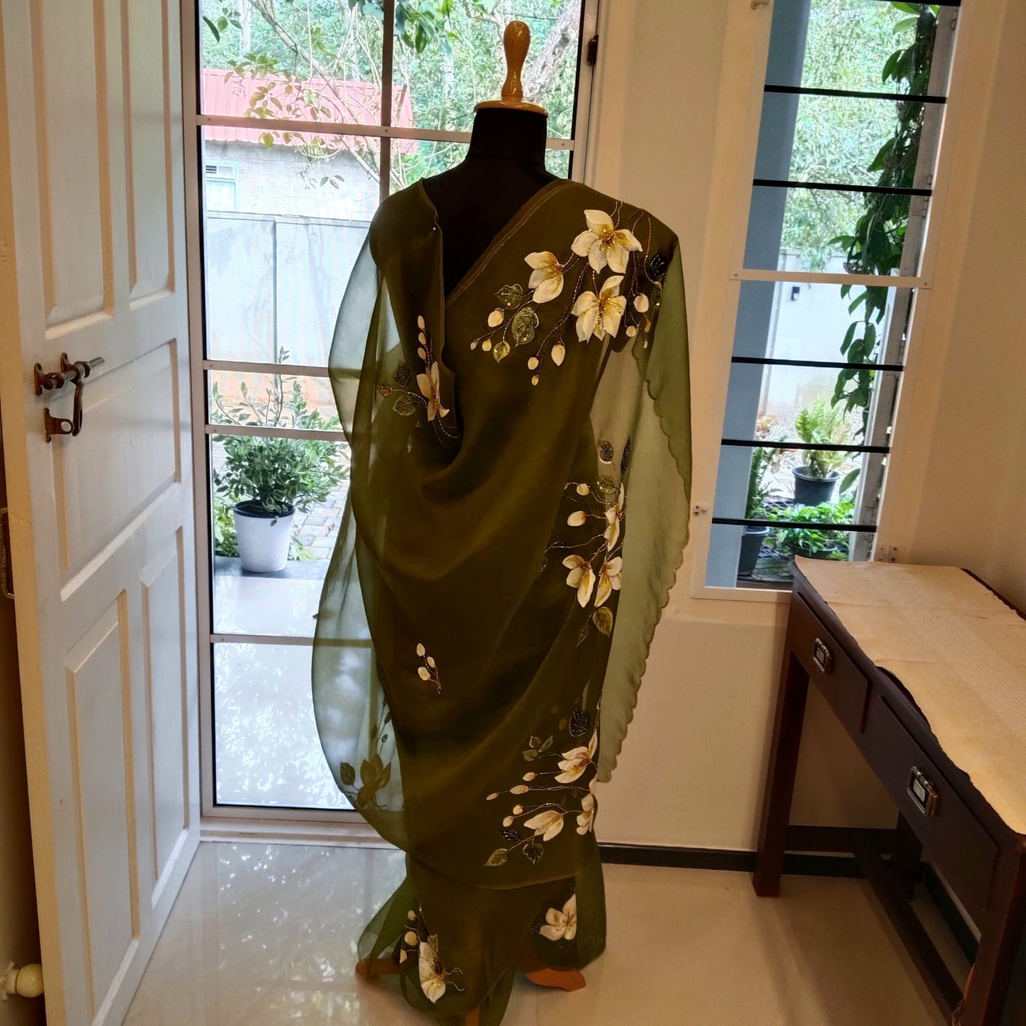 Gorgeous Dark Henna Green Silk Organza Saree with Magnolia Flowers