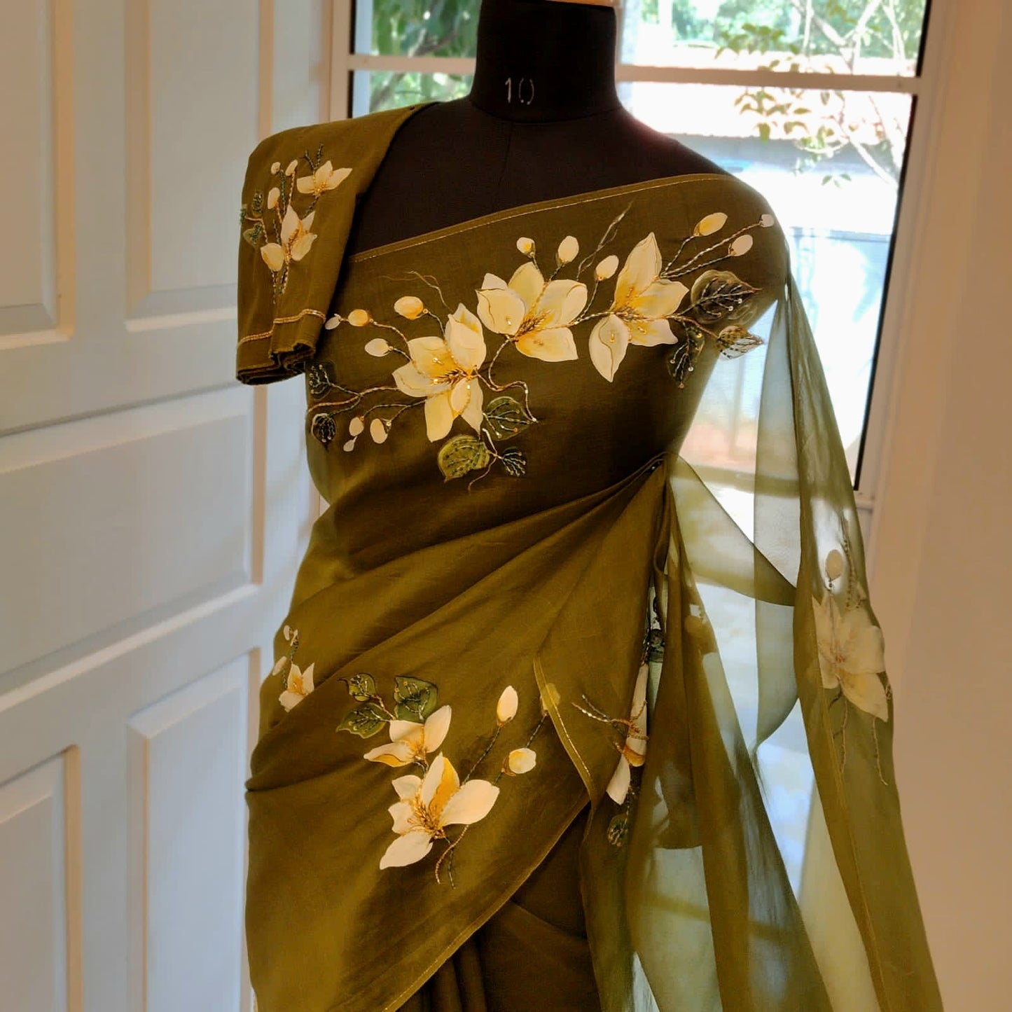 Gorgeous Dark Henna Green Silk Organza Saree with Magnolia Flowers