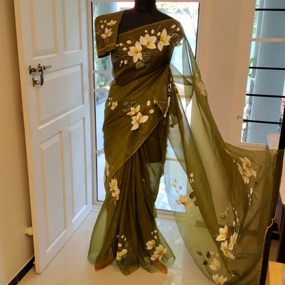 Gorgeous Dark Henna Green Silk Organza Saree with Magnolia Flowers