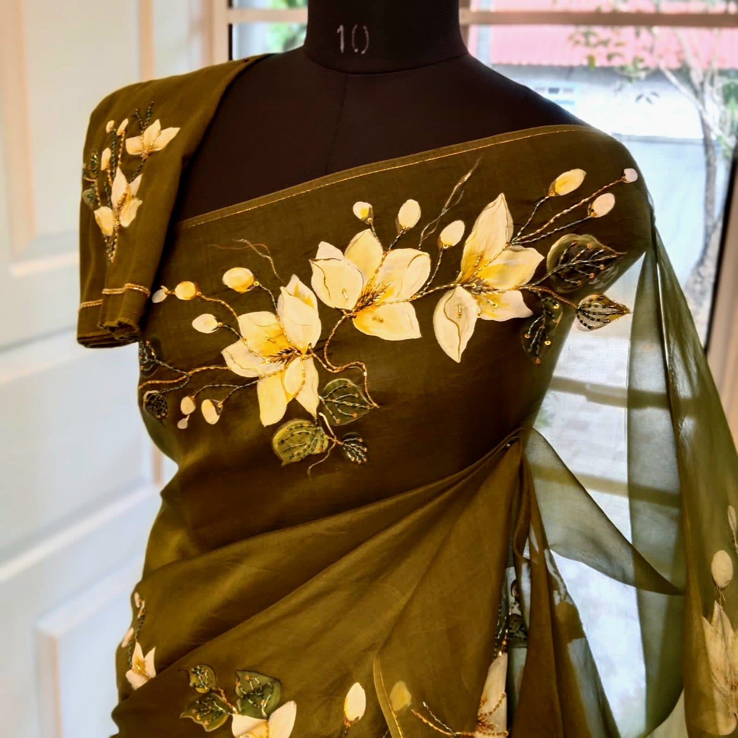 Gorgeous Dark Henna Green Silk Organza Saree with Magnolia Flowers