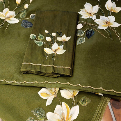 Gorgeous Dark Henna Green Silk Organza Saree with Magnolia Flowers