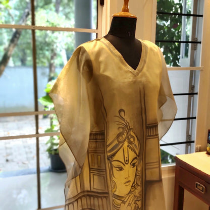 Elegant Hand-Painted Semi-Stitched Kaftan In Tusser Silk