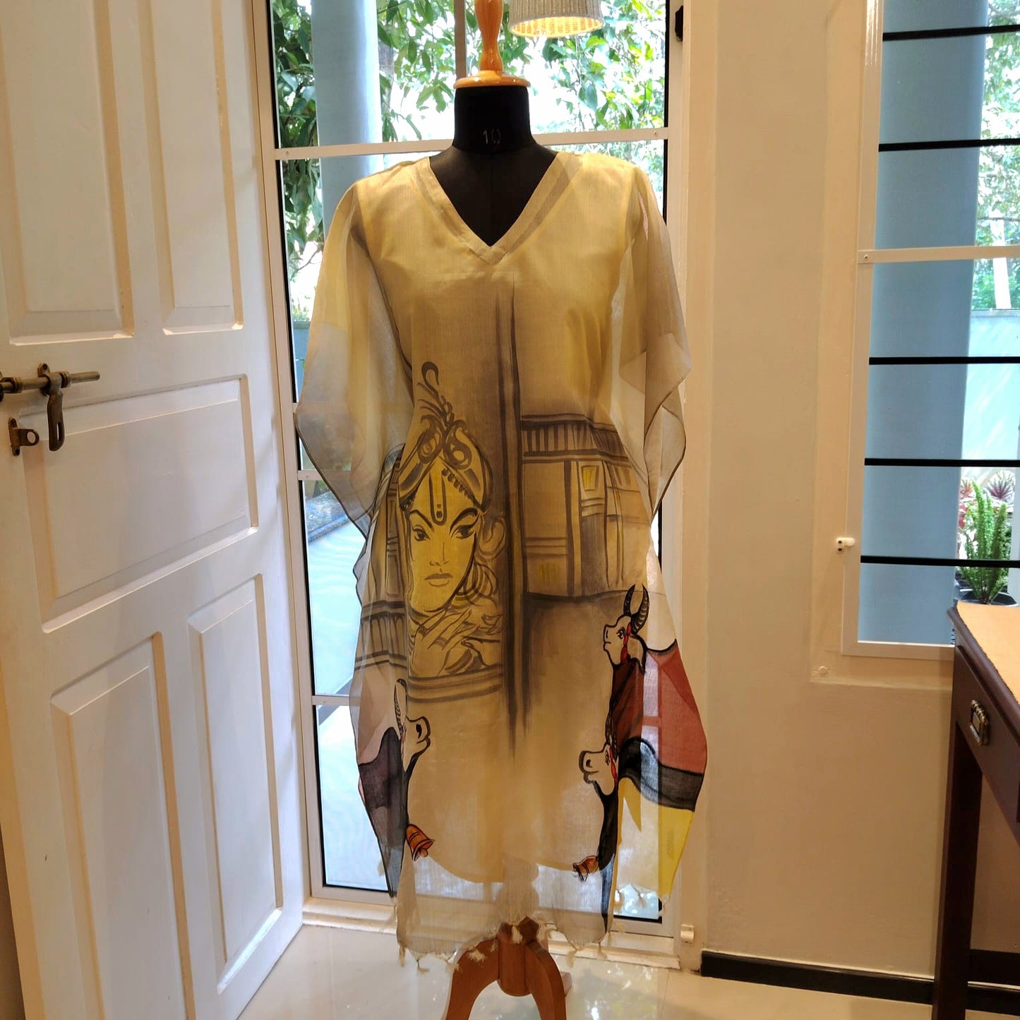 Elegant Hand-Painted Semi-Stitched Kaftan In Tusser Silk