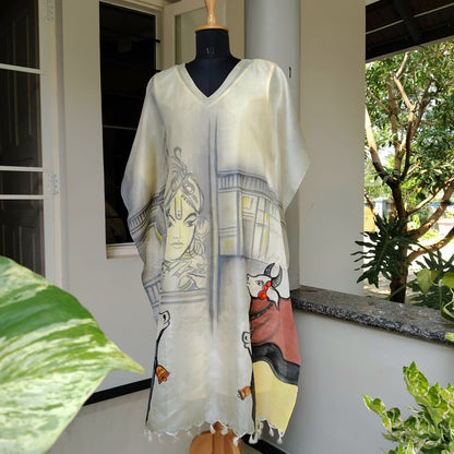 Elegant Hand-Painted Semi-Stitched Kaftan In Tusser Silk