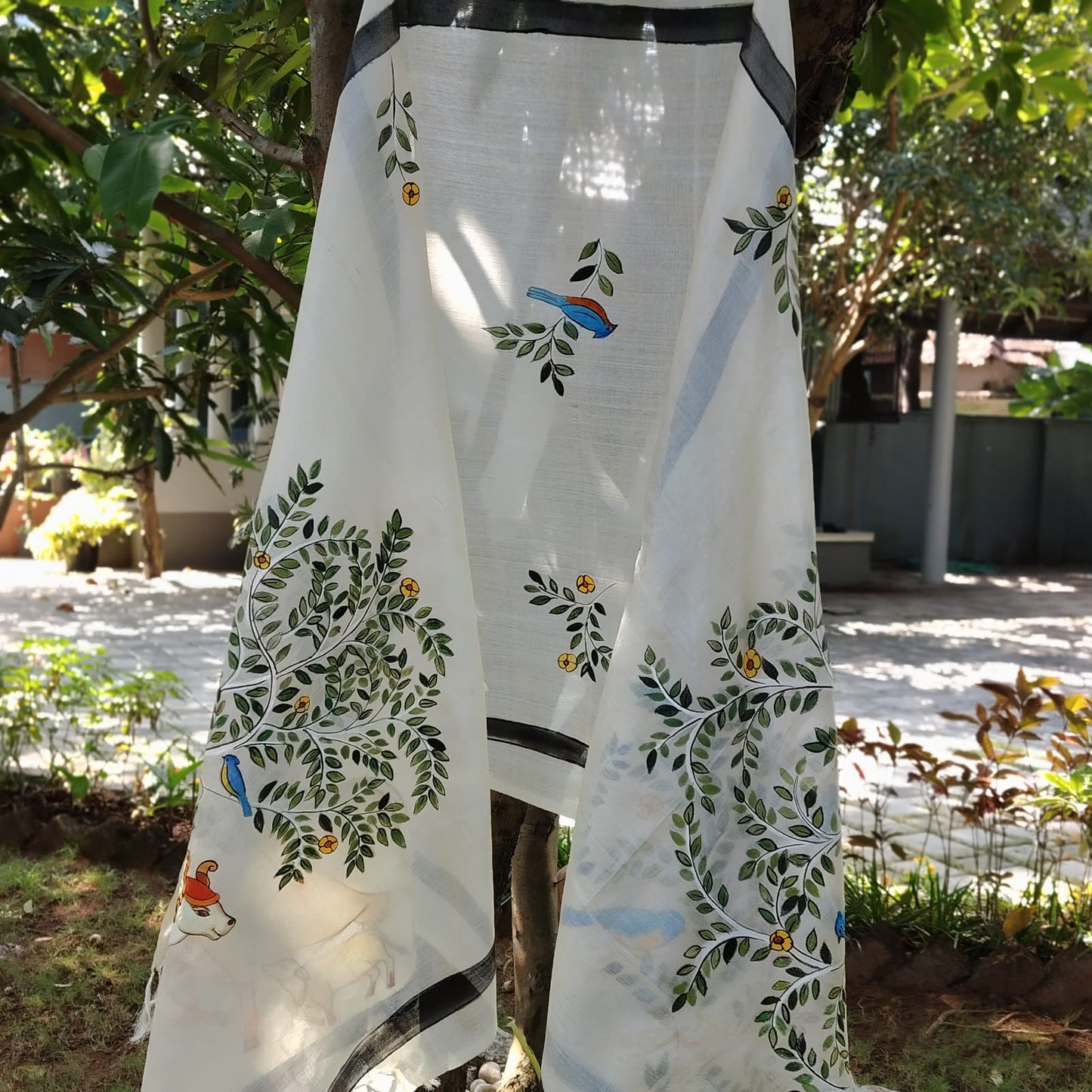 Pichwai Style Hand-Painted Tusser Silk Dupatta