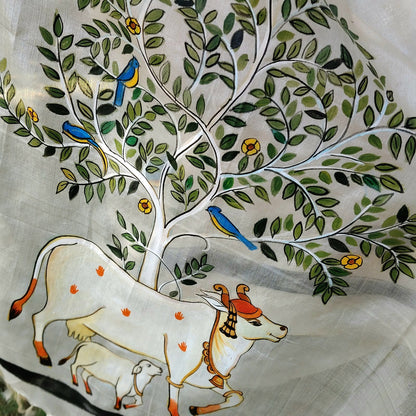 Pichwai Style Hand-Painted Tusser Silk Dupatta