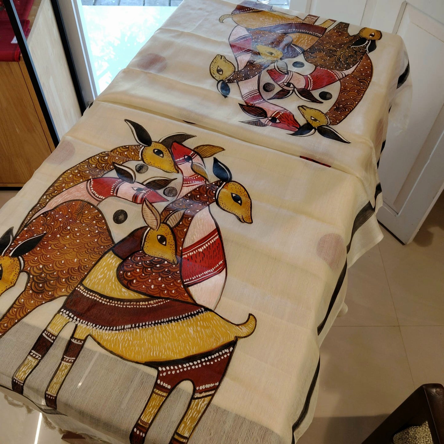 Folk Art Themed Hand-Painted Tusser Silk Dupatta