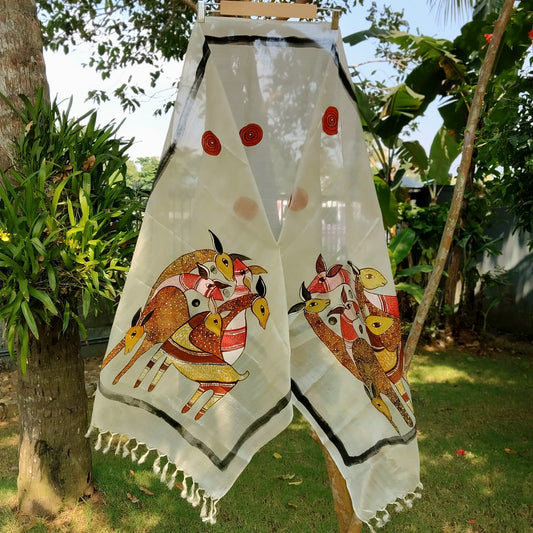 Folk Art Themed Hand-Painted Tusser Silk Dupatta