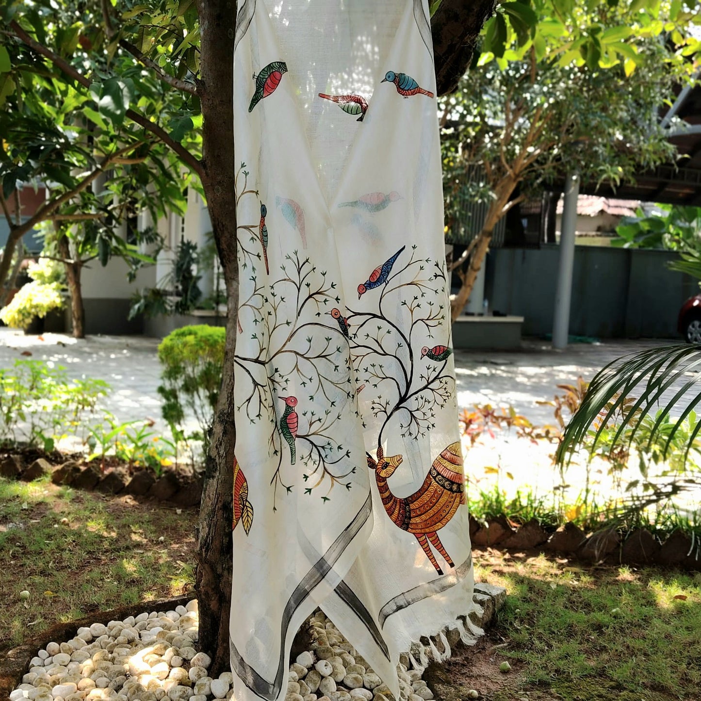 Hand-Painted Folk Art Themed Tusser Silk Dupatta