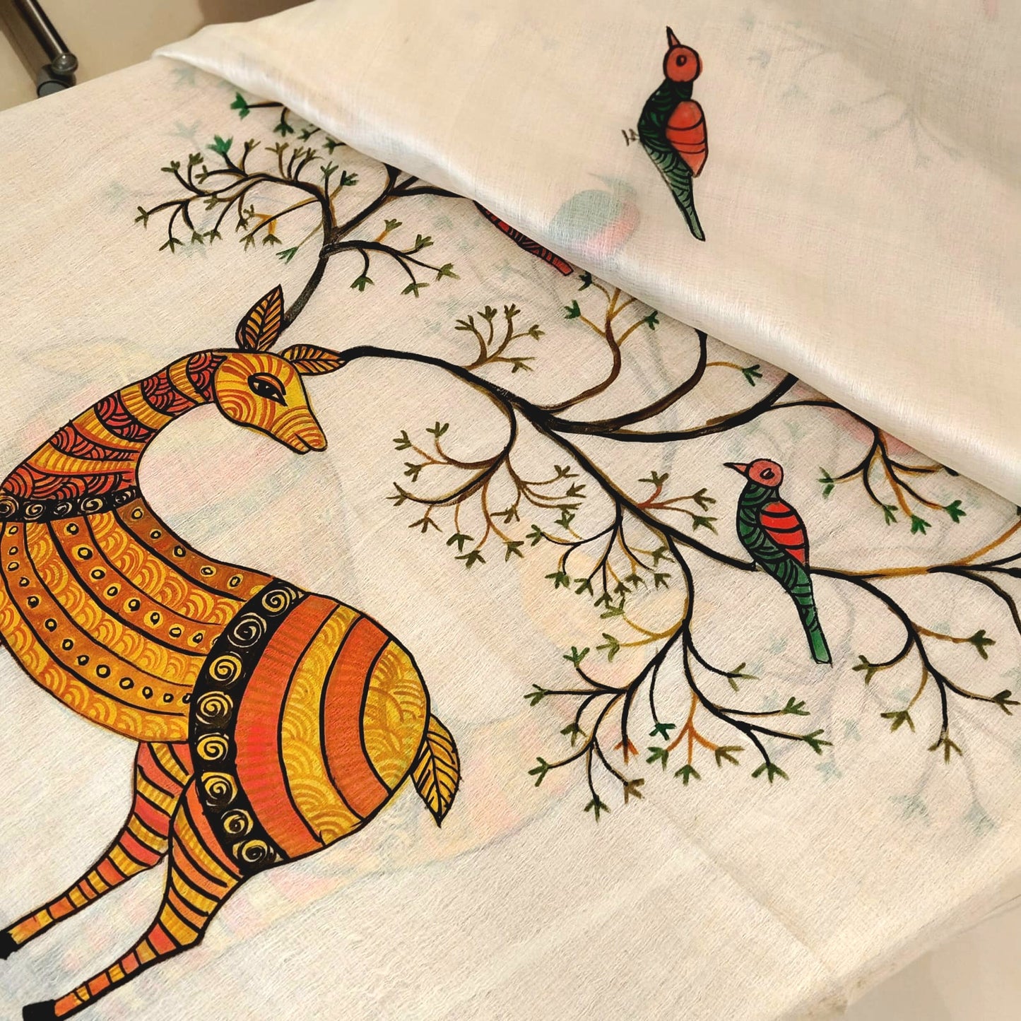 Hand-Painted Folk Art Themed Tusser Silk Dupatta