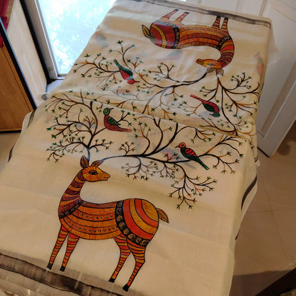 Hand-Painted Folk Art Themed Tusser Silk Dupatta