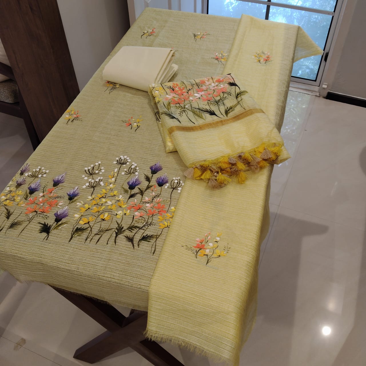 Delicate Wild Flowers Hand-Painted On Kota Doria Kurti Set.