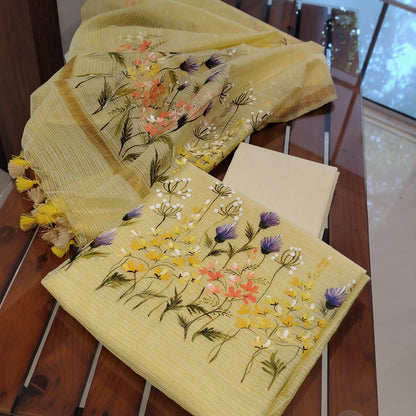 Delicate Wild Flowers Hand-Painted On Kota Doria Kurti Set.