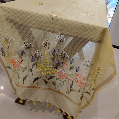 Delicate Wild Flowers Hand-Painted On Kota Doria Kurti Set.