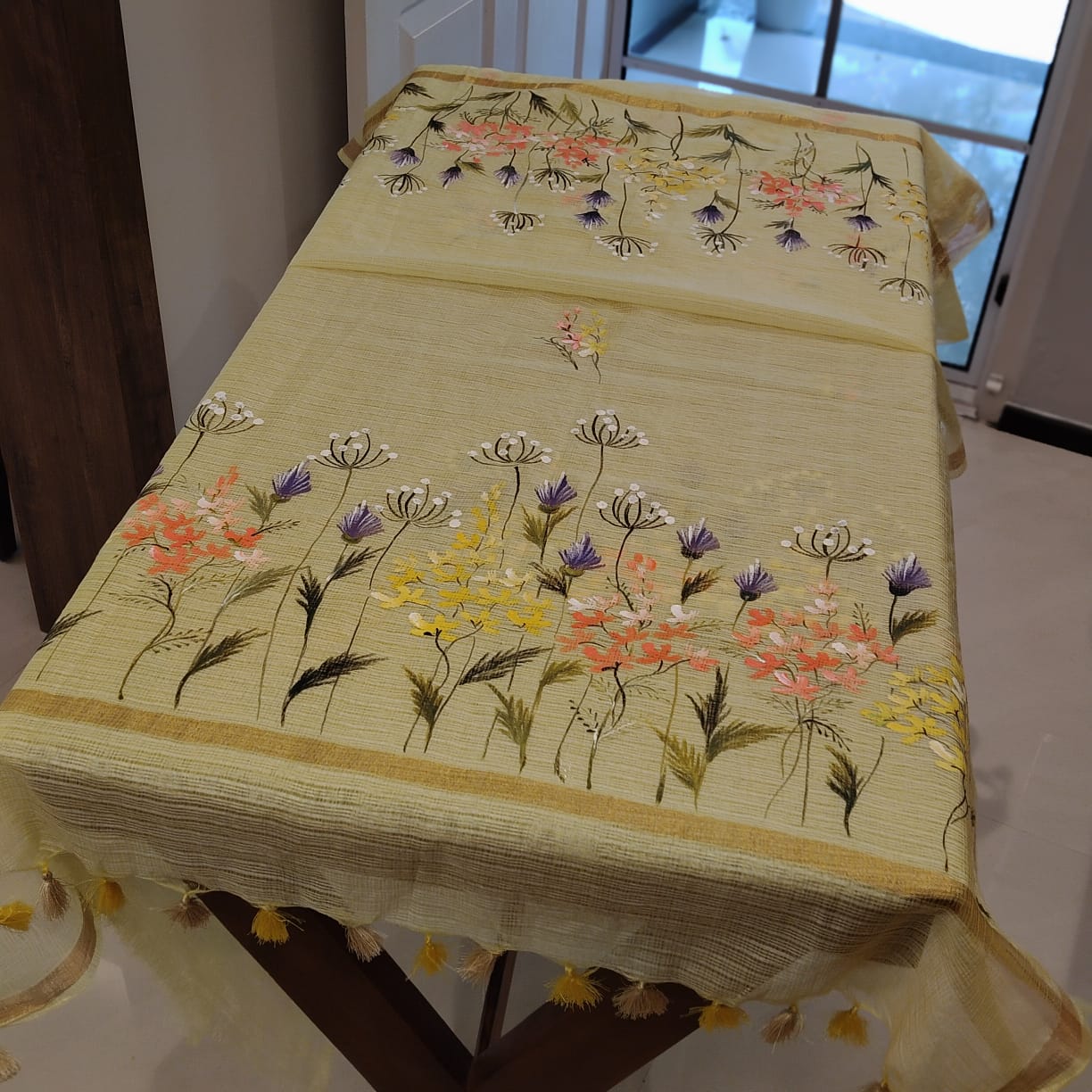 Delicate Wild Flowers Hand-Painted On Kota Doria Kurti Set.