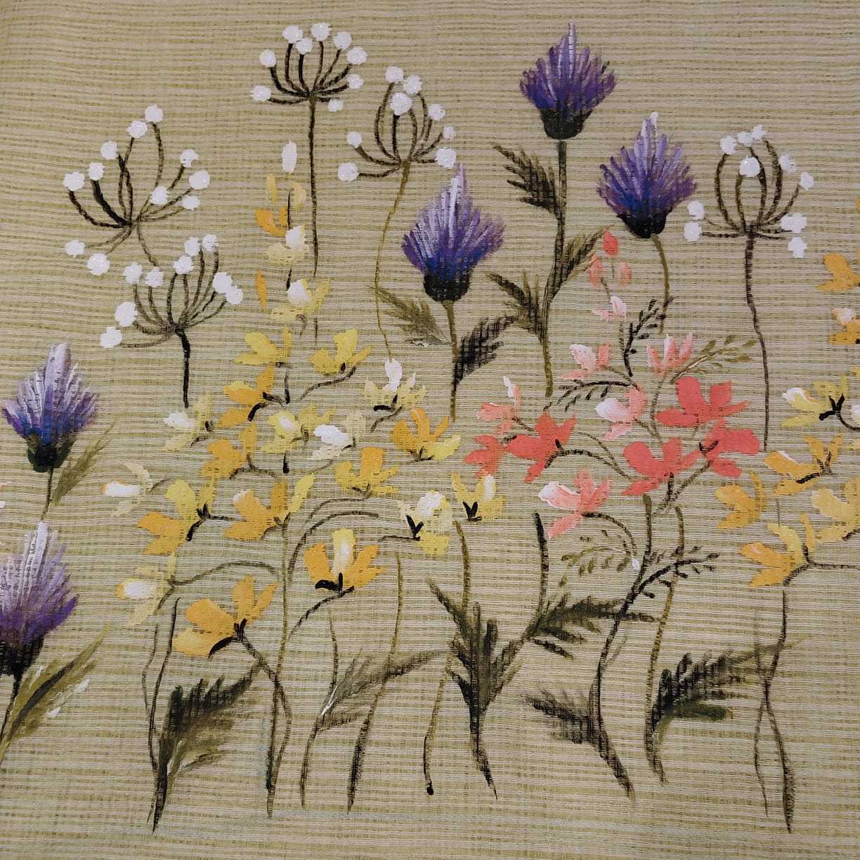 Delicate Wild Flowers Hand-Painted On Kota Doria Kurti Set.