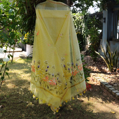 Delicate Wild Flowers Hand-Painted On Kota Doria Kurti Set.