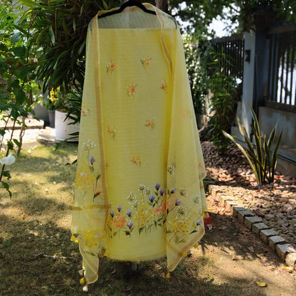 Delicate Wild Flowers Hand-Painted On Kota Doria Kurti Set.