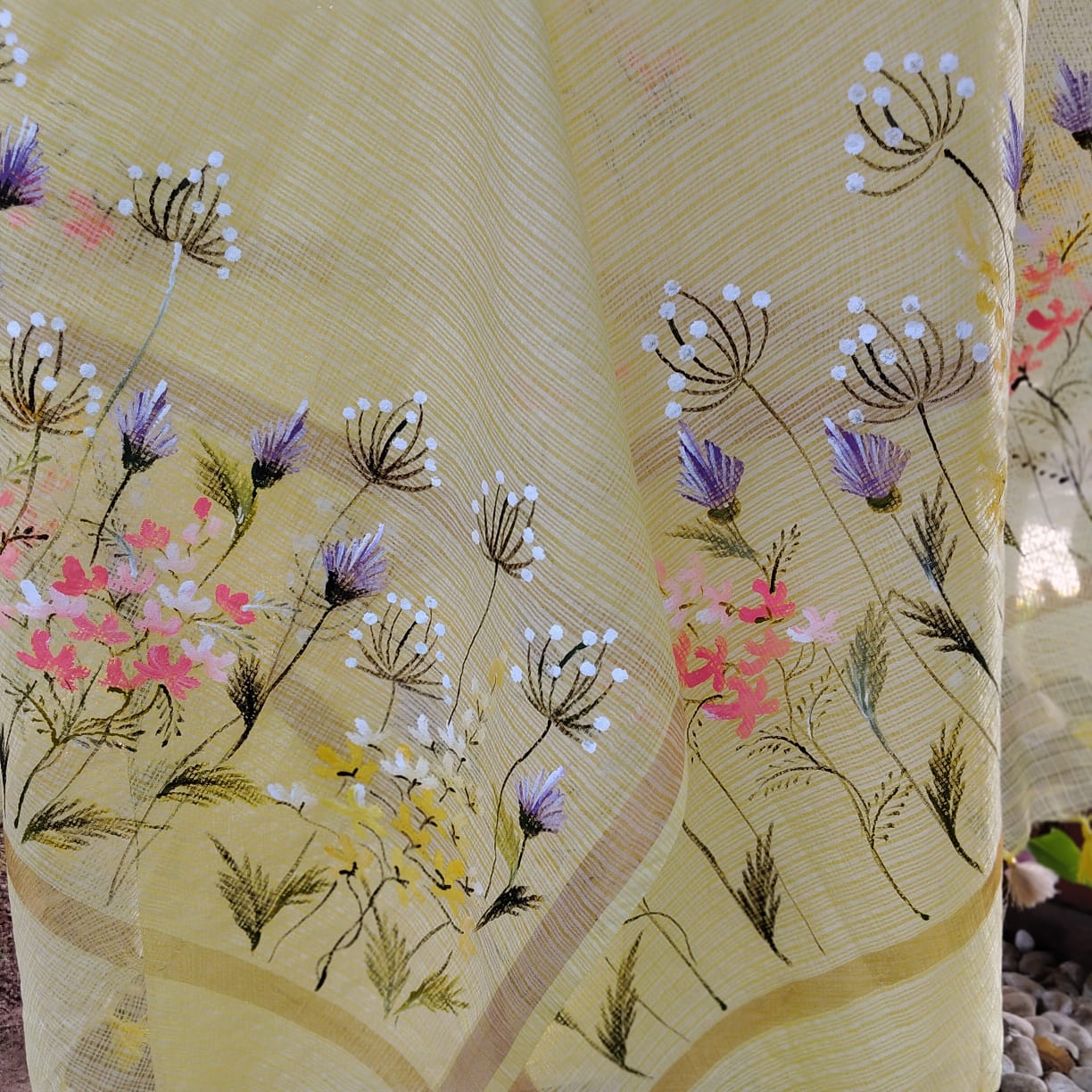 Delicate Wild Flowers Hand-Painted On Kota Doria Kurti Set.