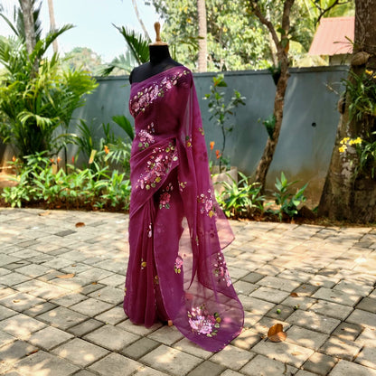 Gorgeous Hand-Painted And Hand Embroidered Silk Organza Saree.