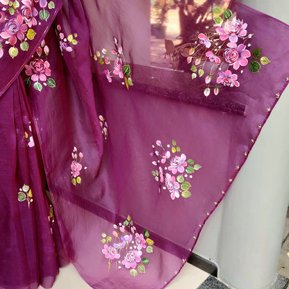 Gorgeous Hand-Painted And Hand Embroidered Silk Organza Saree.