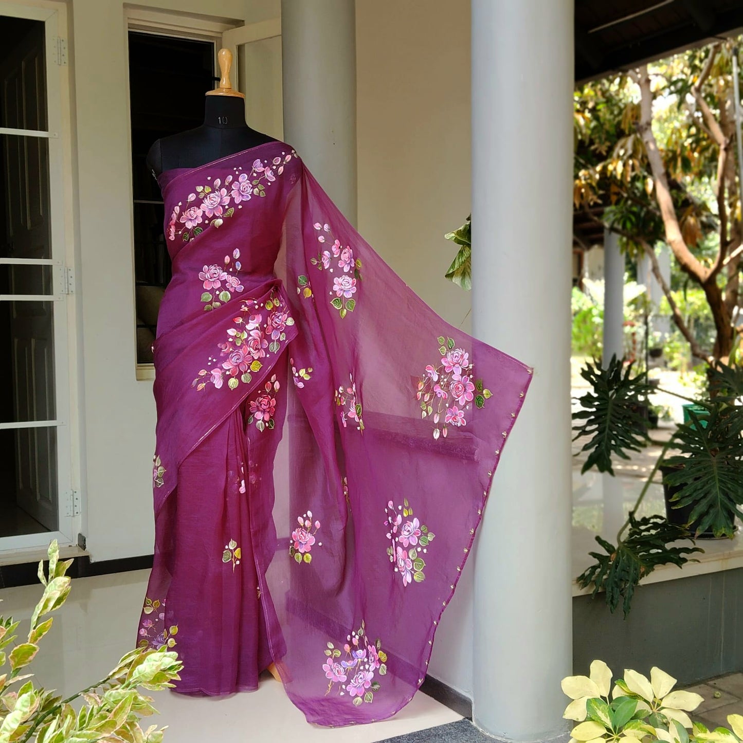 Gorgeous Hand-Painted And Hand Embroidered Silk Organza Saree.