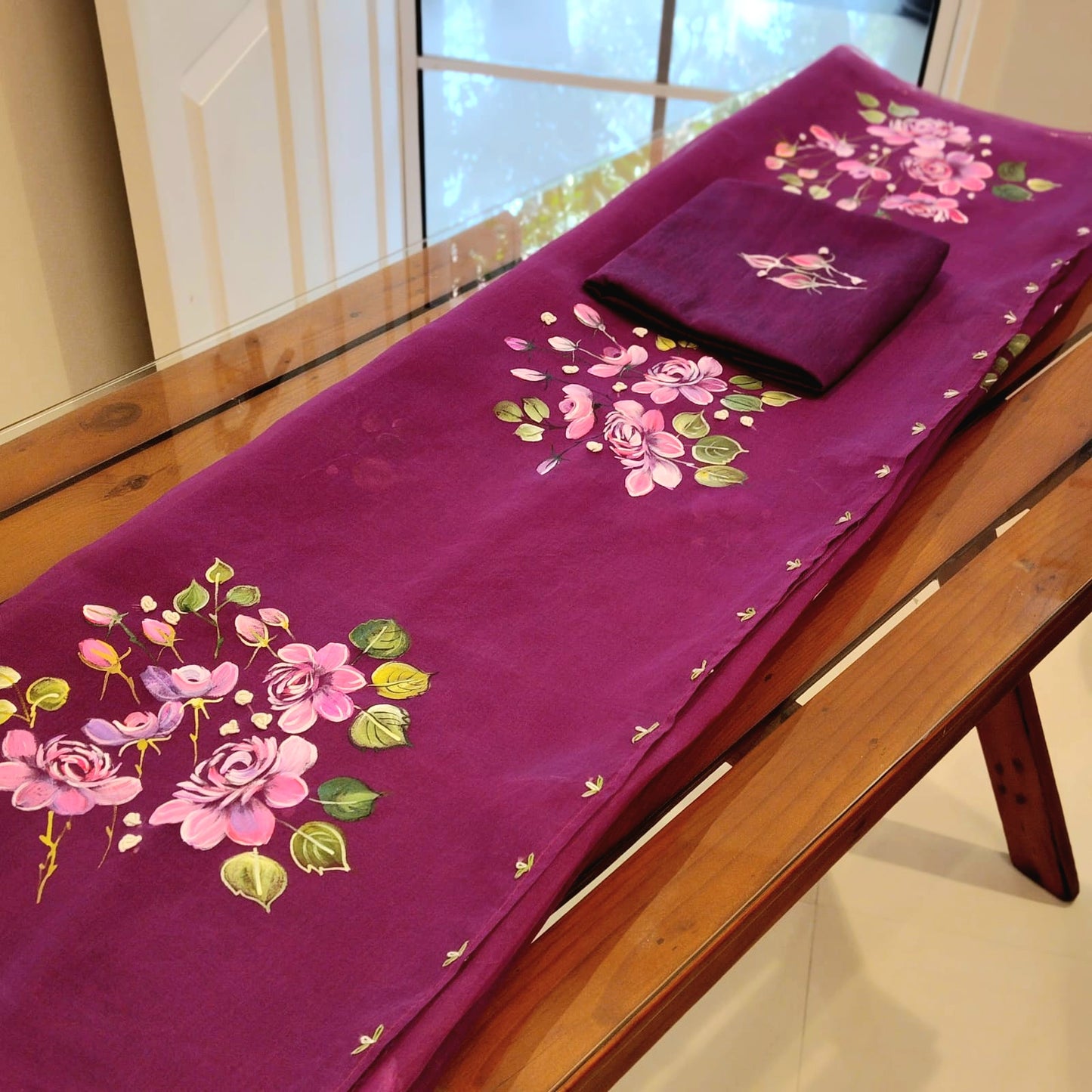 Gorgeous Hand-Painted And Hand Embroidered Silk Organza Saree.