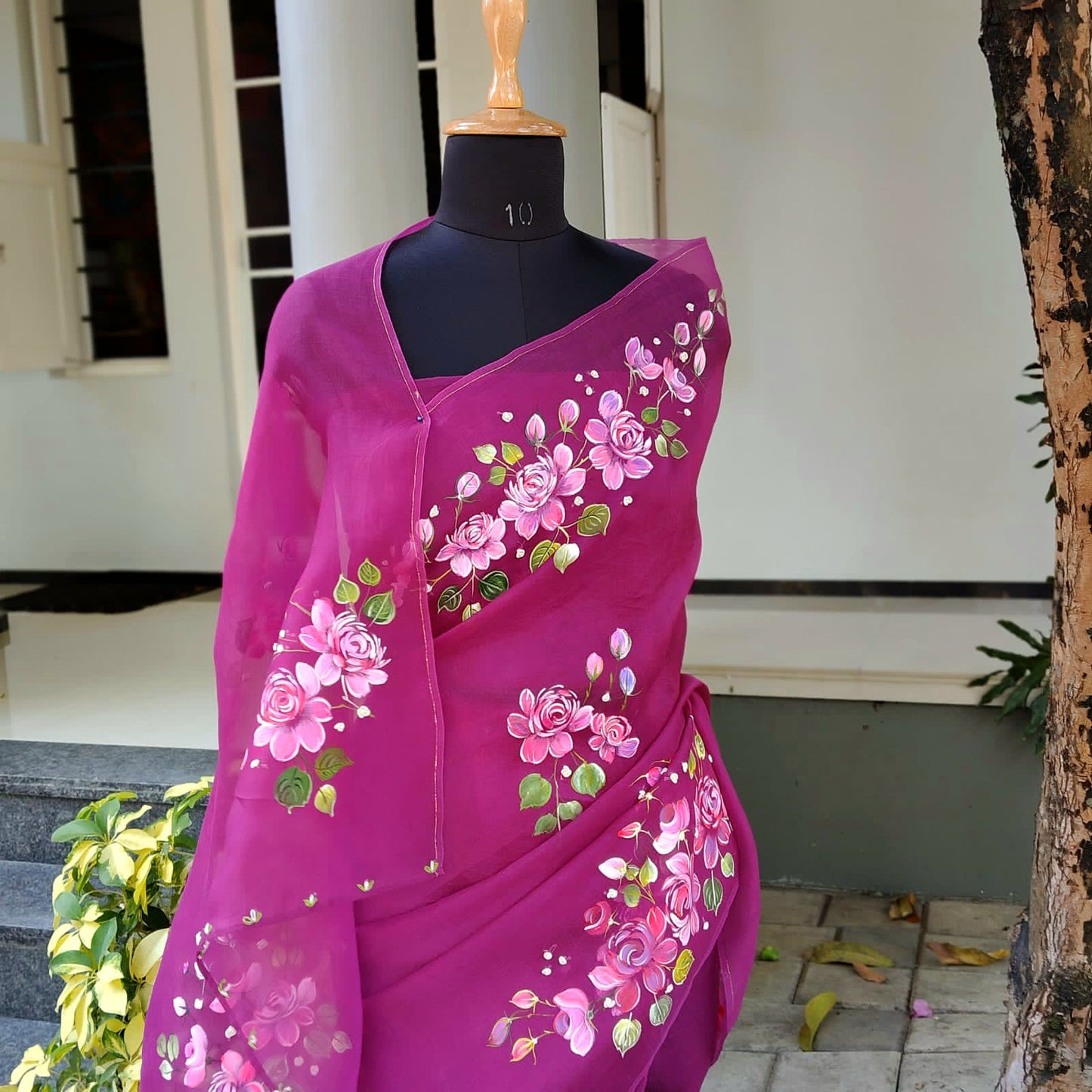 Gorgeous Hand-Painted And Hand Embroidered Silk Organza Saree.