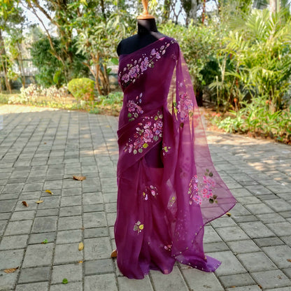 Gorgeous Hand-Painted And Hand Embroidered Silk Organza Saree.