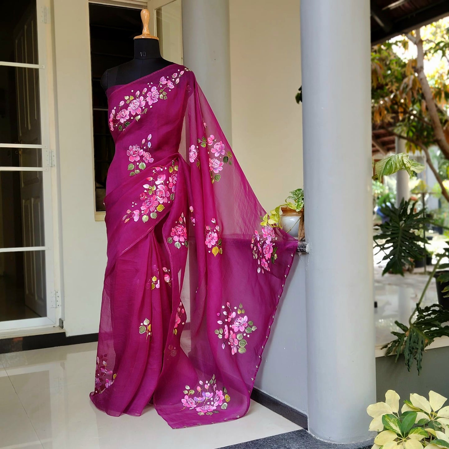 Gorgeous Hand-Painted And Hand Embroidered Silk Organza Saree.