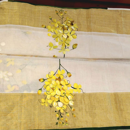 Hand-Painted Vishu Kani On Handloom Kasavu Saree