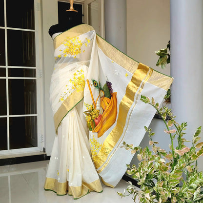 Hand-Painted Vishu Kani On Handloom Kasavu Saree