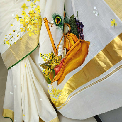 Hand-Painted Vishu Kani On Handloom Kasavu Saree