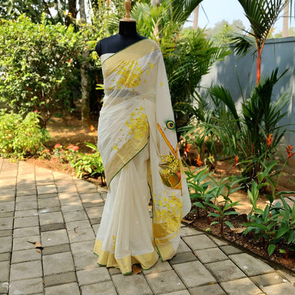 Hand-Painted Vishu Kani On Handloom Kasavu Saree