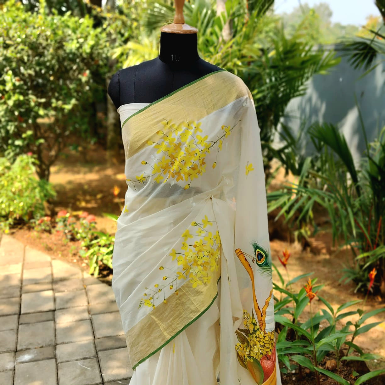 Hand-Painted Vishu Kani On Handloom Kasavu Saree