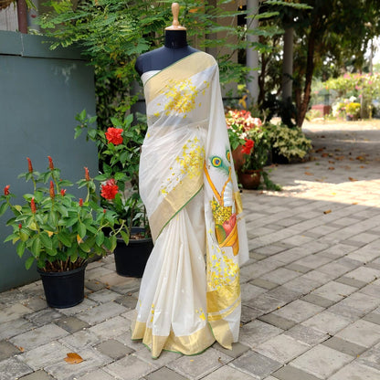 Hand-Painted Vishu Kani On Handloom Kasavu Saree