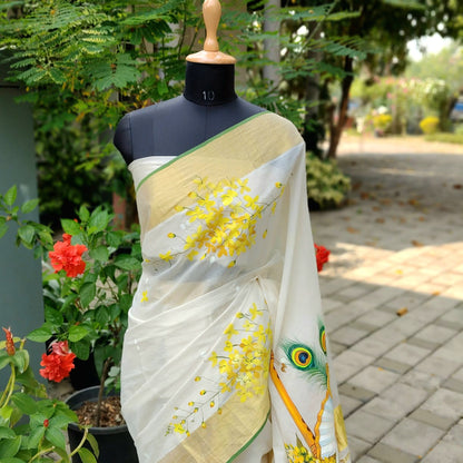 Hand-Painted Vishu Kani On Handloom Kasavu Saree