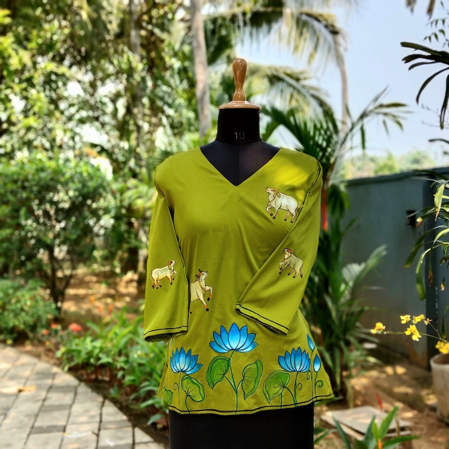 Henna Green Pichwai Style Hand-Painted Short Kurti