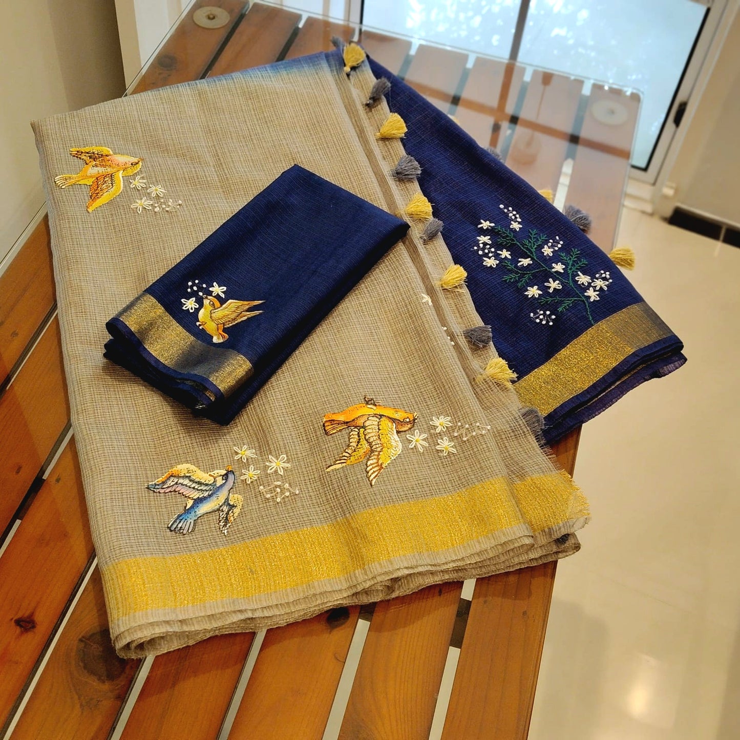 Stunning Hand-Painted And Hand-Embroidered Kota Doria Saree